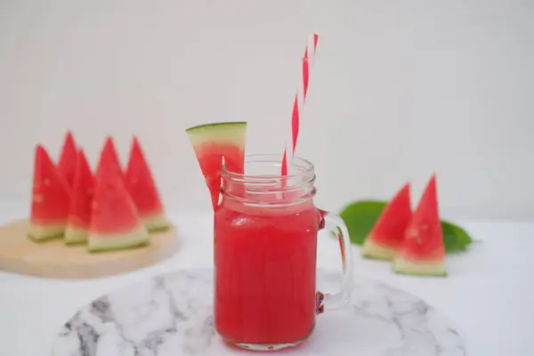 Wassermelonen Smoothie Glas Mit Strohhalmen Als Hintergrund — Stockfoto