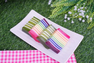 Kue Lapis ya da Rainbow katmanlı kek, pirinç unu ve hindistan cevizi sütünden yapılan geleneksel Endonezya tatlısı, katman katman pişmiş. Seçici odak.