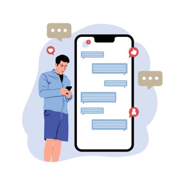 Konuşma baloncuklu cep telefonu kullanan bir adam. Düz biçimli vektör illüstrasyonu