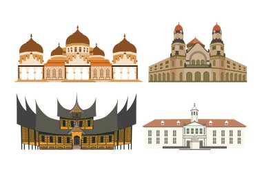 Ortaçağ binaları ve anıtları. Düz tasarım tarzında vektör illüstrasyonu.