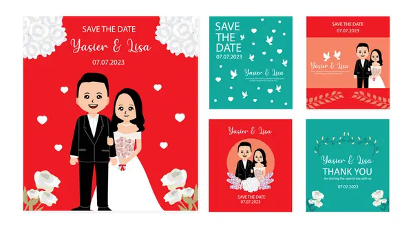 Gelin ve damadın olduğu bir dizi düğün davetiyesi. Vektör illüstrasyonu