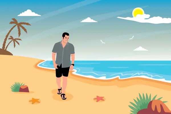 Sahilde yürüyen bir adam. Yaz zamanı. Düz biçimli vektör illüstrasyonu