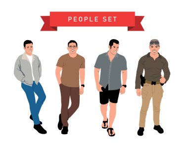 Gündelik giysiler giymiş bir grup adam. Düz biçimli vektör illüstrasyonu.
