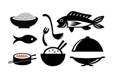 Yemek ikonları. Siyah ve beyaz renkli vektör illüstrasyonu.