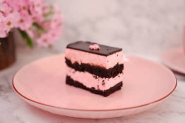 Arkaplan olarak pembe tabakta bir parça çikolatalı kek.