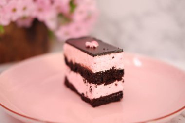 Arkaplan olarak pembe tabakta bir parça çikolatalı kek.