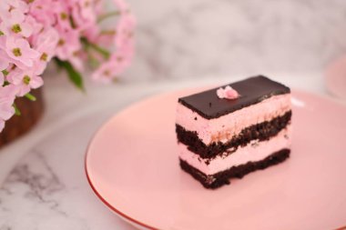 Arkaplan olarak pembe tabakta bir parça çikolatalı kek.