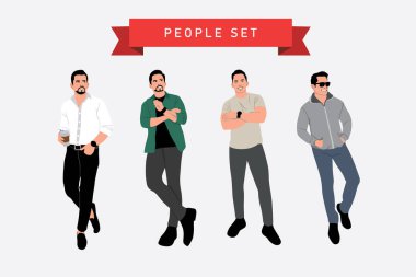 Sıradan giyinmiş bir grup adamın vektör çizimi. Düz biçim.