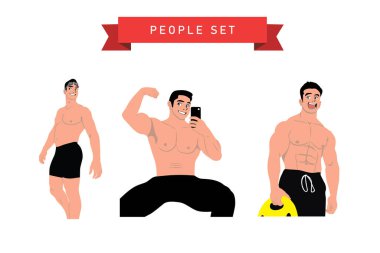 Kaslı vücudu ve cep telefonu olan bir adamın vektör çizimleri..