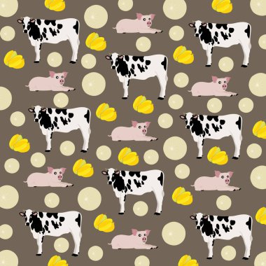 Tatlı inek, arka planda meyveli domuz.