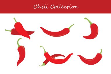 Farklı pozlarda kırmızı biber koleksiyonu. Vektör illüstrasyonu.