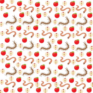 worms, centipedes with fruit as a pattern background clipart