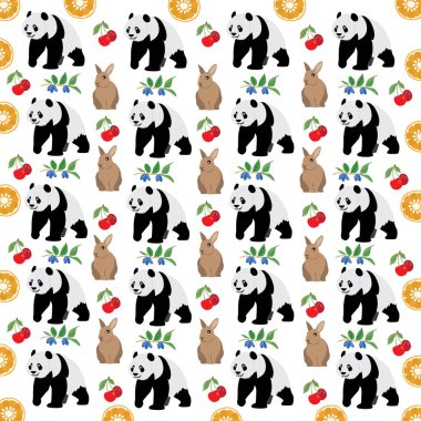 panda, rabbit with fruit as a pattern background clipart