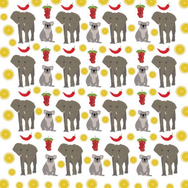 Fil, koala ve arkaplan olarak meyve.