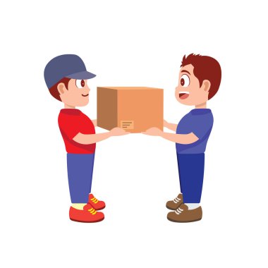 İki neşeli çocuk bir karton kutuyu bir arada tutarken birbirlerine gülümsüyor.