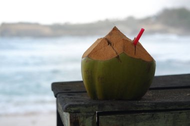 Deniz kenarındaki hindistan cevizi suyunu yudumlarken