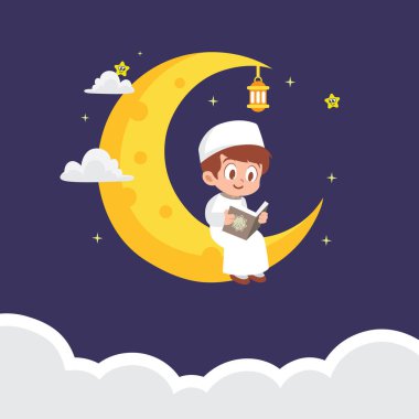 Parlak sarı bir hilal üzerinde oturuyor ve huzurlu bir ifadeyle okuyor.