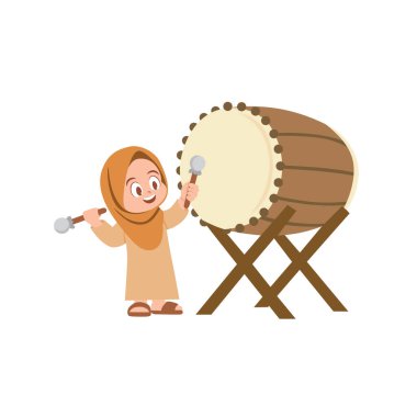 Genç bir kız tesettürlü ve mütevazı bir elbise giymiş, büyük geleneksel bir davul çalıyor.