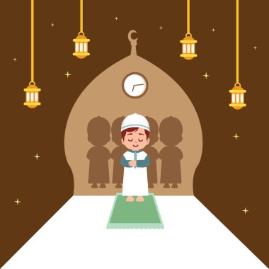 Genç bir Müslüman çocuk camide namaz kılıyor.