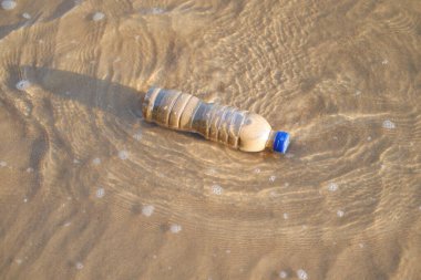 Plastik bir şişe, kumlu bir sahilde sığ deniz suyunda yatıyor.
