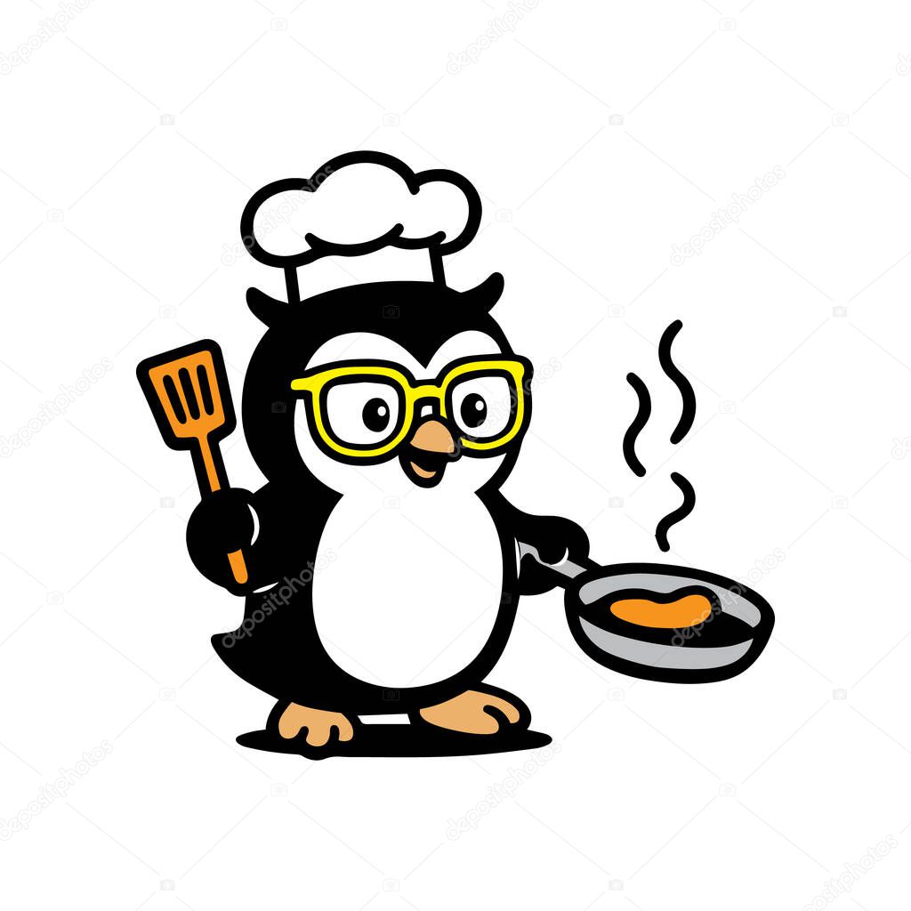 Chef Penguin Cooking with a Frying Pan