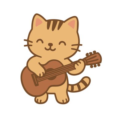 Kahverengi akustik gitar çalan neşeli bir çizgi film kedisi.
