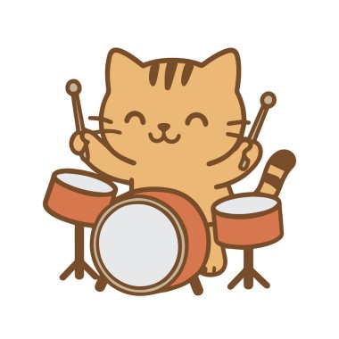 Çizgi film kedisi mutlu bir şekilde davul çalıyor