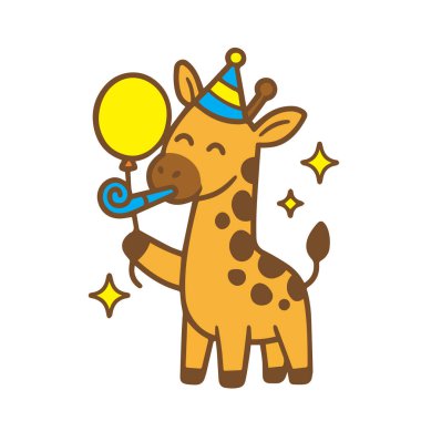 Zürafa doğum gününü balonla ve parti düdüğüyle kutluyor.