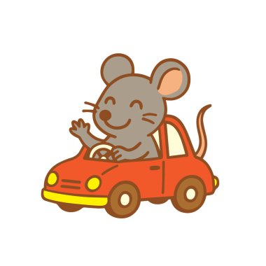 Kırmızı bir araba süren ve el sallayan sevimli bir fare.