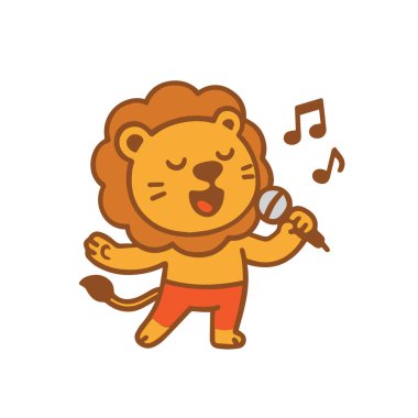 Müzik notalarıyla mikrofona şarkı söyleyen aslan.