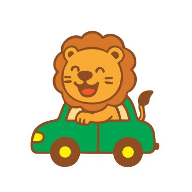 Yeşil araba süren neşeli bir çizgi film aslanı.