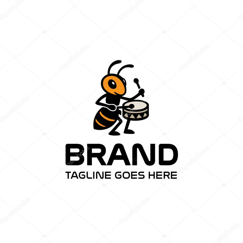 Minimalist Cartoon Ant Drummer Logo