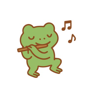 Müzik notalarıyla flüt çalan mutlu yeşil bir kurbağa.