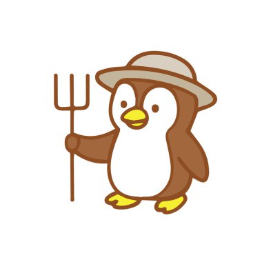 Çizgi film penguen çiftçisi elinde yaba ve şapkayla