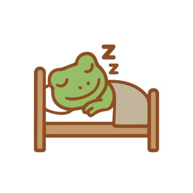 Yatakta uyuyan sevimli çizgi film kurbağası.