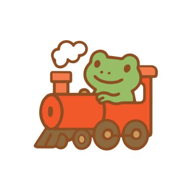 Kırmızı tren kullanan kurbağa, çizgi film stili..