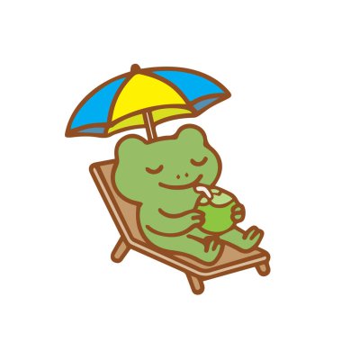 Şemsiyenin Altında Kurbağa Rahatlatmak Güneşli bir günde Hindistan cevizi içmenin tadını çıkarmak