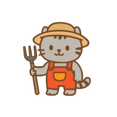 Pitchfork ve tulumlu şirin çiftçi kedi çizgi filmi.