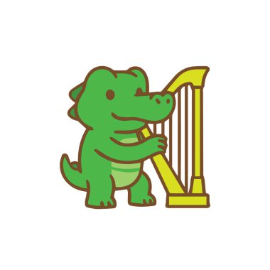 Cute Green Alligator Playing a Harp