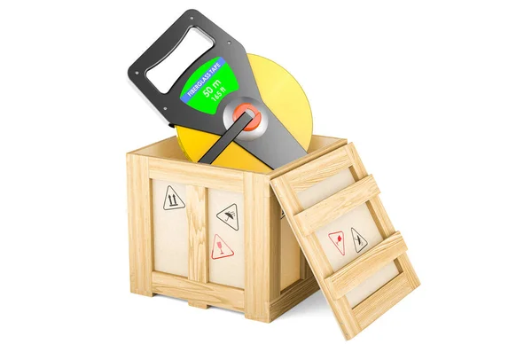 Tape Measure Wooden Box Delivery Concept Rendering Isolated White Background — Stock Photo, Image