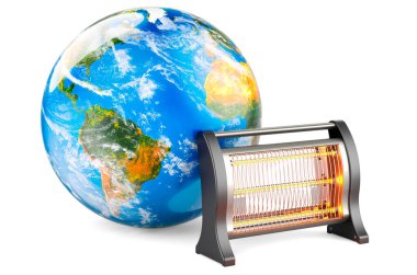 Dünya Küresi ile kızılötesi ısıtıcı, beyaz arkaplanda 3 boyutlu görüntüleme