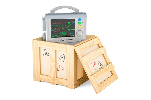 木制箱内的医疗监视器 送货概念 在白色背景上孤立的3D渲染 — 图库照片