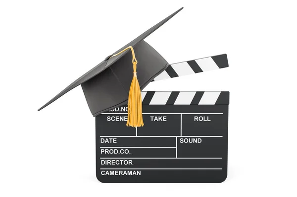 卒業キャップ付きの映画のクラッパーボード 映画学校の概念の教育 白い背景に隔離された3Dレンダリング — ストック写真