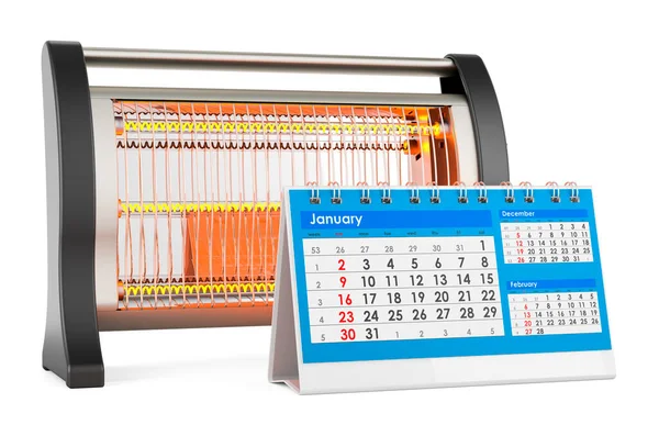 デスクカレンダー付きハロゲンまたは赤外線ヒーター 白い背景に隔離された3Dレンダリング — ストック写真
