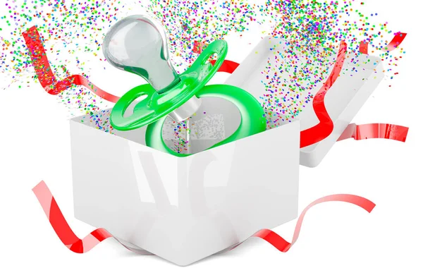 婴儿奶嘴在礼品盒里 呈现概念 在白色背景上孤立的3D渲染 — 图库照片
