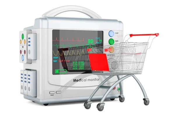 有医疗监视器的购物车 在白色背景上孤立的3D渲染 — 图库照片