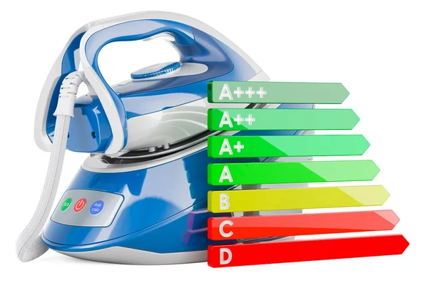 Steam generator iron with energy efficiency chart, 3D rendering isolated on white background