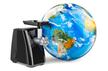 Dünya Küresi 'ne bağlı elektrikli et öğütücü, beyaz arkaplanda 3 boyutlu görüntüleme