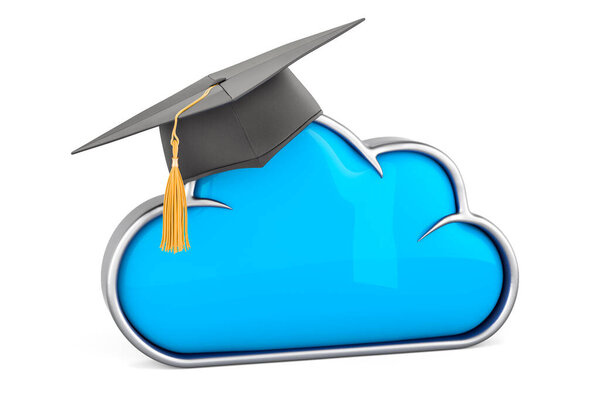 Cloud computing with graduation cap. 3D rendering isolated on white background