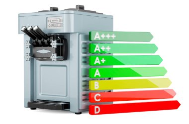 Enerji verimliliği grafiği olan ticari dondurma makinesi, beyaz arkaplanda 3 boyutlu görüntüleme